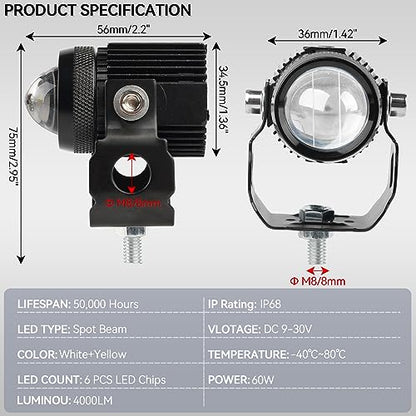 AUTOXBERT 2PCS Motorcycle LED Driving Fog Lights，60W High Low Beam White and Amber Lights Motorcycle Auxiliary Spotlight for Jeep Offroad ATV SUV