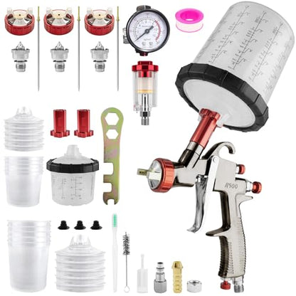 LVLP Automotive Paint Spray Gun R500 Kit, 1.3/1.5/1.7mm Nozzles LVLP Spray Gun with 650ml/200ml Mixing Cup & 10x Disposable Cups, for House Painting, Car, Furniture, Fence - color: 1.3/1.5/1.7mm 2Cup
