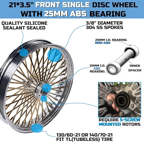 FatFlex Front Wheel for Harley Softail Slim Fat Boy 21” x 3.5” Gold - color: 21*3.5'', Chrome+Gold+Chrome