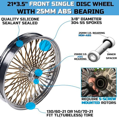 FatFlex Front Wheel for Harley Softail Slim Fat Boy 21” x 3.5” Gold - color: 21*3.5'', Chrome+Gold+Chrome