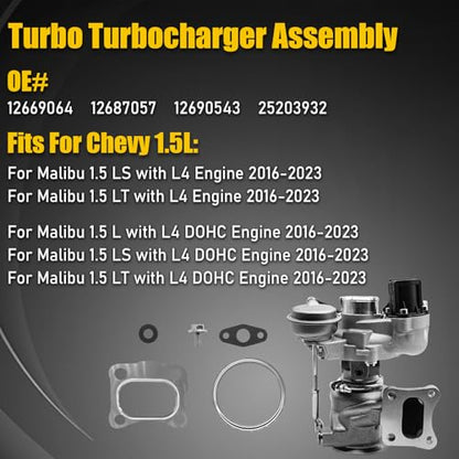 25207489 Turbo Charger Fit Chevy Malibu 1.5L 2016 2019 2017 2018 2020 2023, 12687057 12669064 Turbo Charger Assembly Kit w/Gaskets Fit 16-23 Malibu LS LT L4 Engine