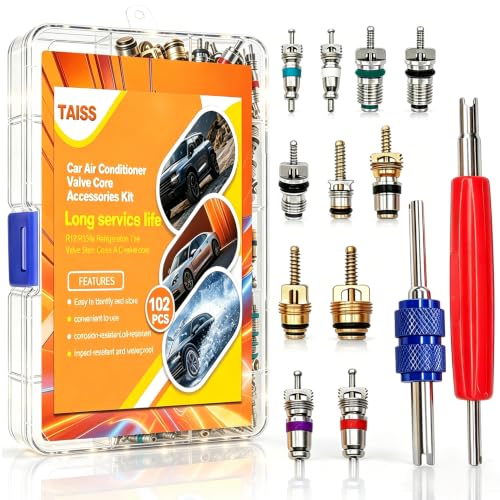 Taiss 102PCS Car Air Conditioner Valve Core Accessories Kit with valve core Remover Tool R12 R134a Refrigeration Tire Valve Stem Cores A/C valve core kit F-090-102PCS - color: 102PCS
