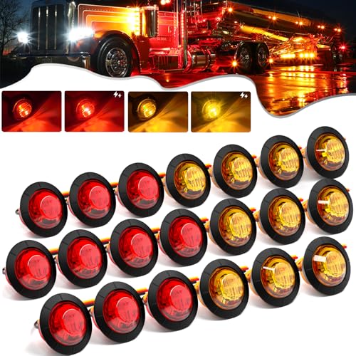 PSEQT 3/4" Strobe Flash+Steady Marker Lights Dual Function LED Trailer Side Clearance Tail Round Lights 12V Brake Stop Turn Signal Warning Lamps for Trailer Truck Bus ATV UTV Van RV (10 Red,10 Amber) - color: 10 Red, 10 Amber