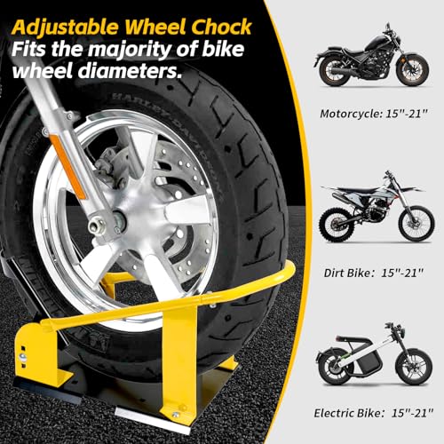 MaxxHaul Adjustable Motorcycle Wheel Chock Stand with Auto-Lock Cradle, Fits 15"–21" Tires – Heavy-Duty Steel Bike Stand for Trailer, Garage & Truck Bed, Includes Mounting Hardware – 70075 - color: Yellow