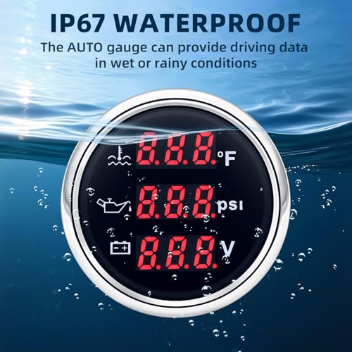 MH Triple Gauge Set - Water Temp (104°F-248°F), Oil Pressure (0-145PSI), Voltmeter (9-32V), AUTO Gauge with Sensors 2" 52mm 3-in-1 Boat Marine Meter Kit (Black and Silver) - color: Black and Silver