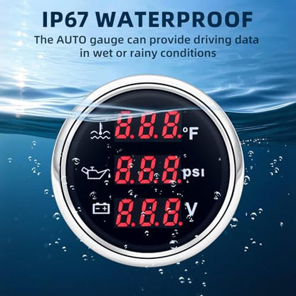 MH Triple Gauge Set - Water Temp (104°F-248°F), Oil Pressure (0-145PSI), Voltmeter (9-32V), AUTO Gauge with Sensors 2" 52mm 3-in-1 Boat Marine Meter Kit (Black and Silver) - color: Black and Silver