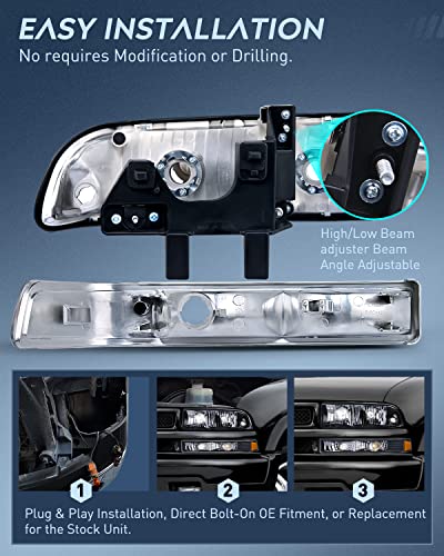 Nilight Headlight Assembly for 1998 1999 2000 2001 2002 2003 2004 2005 Chevy Blazer Headlights 1998-2004 Chevrolet S10 Pickup Replacement Headlamp Housing Bumper Lights - color: Black Housing + Amber Reflector