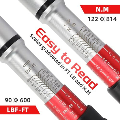 3/4 Inch Torque Wrench, 48 Tooth Torque Wrench 3/4 Drive 100-600FT.LB/135-815N.M with a Solid Storage Case - size: 3/4''-600FT.LB