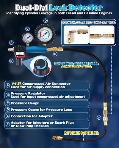 46PCS Automotive Compression Tester Kit with Dual-Dial Gauge Gasoline & Diesel Compression Tester Set Cylinder Leak Down Tester for HDI, TDCi, Pump Duse (PD) (1/4 US Standard Air Inlet)