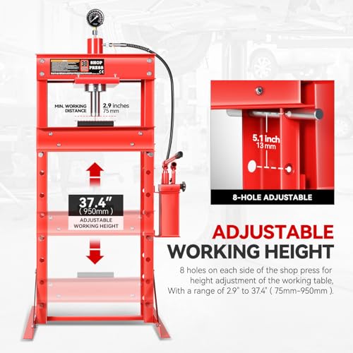 Auto Dynasty 30 Ton Hydraulic Shop Press H-Frame with Movable Press Plate Automotive & Metalworking Power Tool