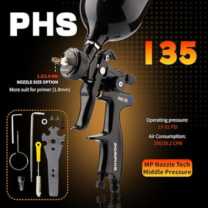 Automotive Refinishing Spray Gun PHS-135 Middle Pressure 1.3mm Nozzle Paint Spray Gun, Black - color: PHS-135-1.3-BK