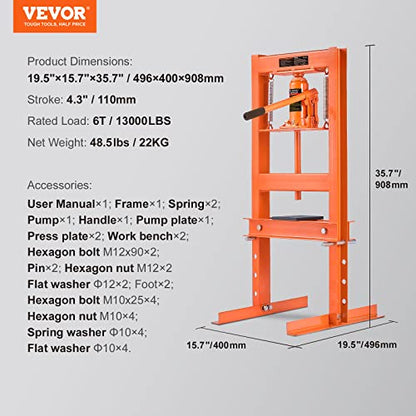 VEVOR Hydraulic 6 Ton H-Frame Garage Floor Adjustable Shop Press