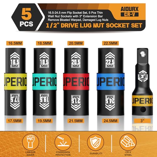 1/2" Drive Lug Nut Socket Set, 16.5-24.5 mm Flip Socket Set, 5 Pcs Thin Wall Nut Sockets with 3" Extension Bar, Remove Bloated Warped, Damaged Lug Nuts - size: 5PCS：16.5MM-24.5MM