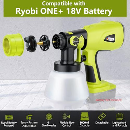 Cordless Paint Sprayer Compatible with Ryobi One 18V Battery 1000ml Capacity HVLP Spray Paint Gun 3 Patterns and 4 Nozzles for Wall Fence Furniture House Painting(Battery Not Included)
