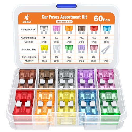 JOREST 60Pcs Standard Car Fuse Kit -Replacement Fuses Assortment Kit for Car/RV/Truck/Motorcycle(2Amp 3A 5A 7.5A 10A 15A 20A 25A 30A 35A 40A) - Standard Blade Fuses Automotive + Auto Fuse Puller - style: 60pcs Standard