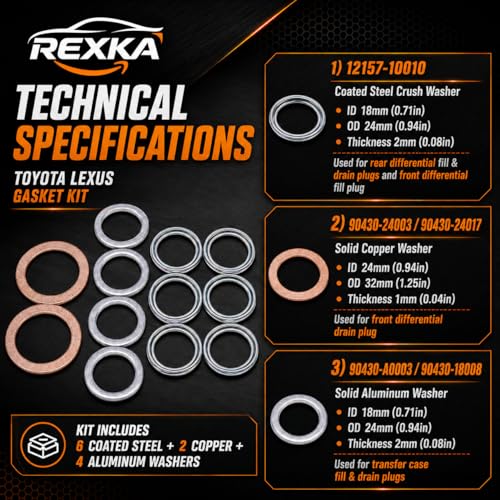 Rexka 12pcs Transfer & Differential Service Gasket Kit Compatible with Toyota Lexus 4Runner Land Cruiser Tundra Tacoma FJ Cruiser Highlander RAV4 Sequoia Sienna 1215710010 9043024003 90430A0003 - color: 12pcs