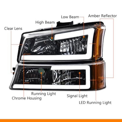 G-PLUS LED DRL Headlights & Tail Lights Fit Chevy Silverado 1500 2003-2006 - color: Clear Lens Chrome Housing Amber Reflector & Red, size: C LED