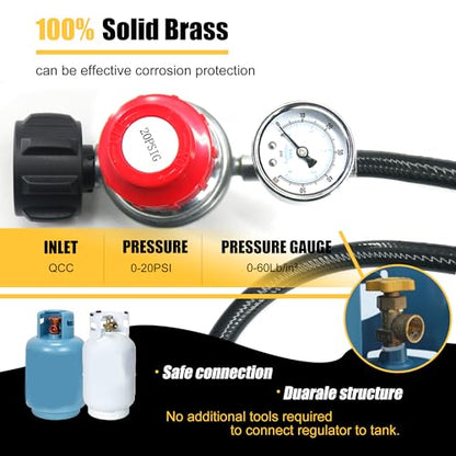 MAJARO 12 Feet 5/16" High-Pressure PVC Propane Regulator Hose with Gauge - Adjustable 20 PSI, QCC1 Inlet & 5/8”-18UNF Outlet Nut for LP Gas Grills, BBQs, Turkey Fryers, Smokers - color: Adjustable valve & Gauge