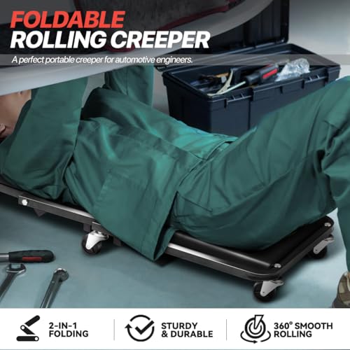 Foldable Creeper, 2-in-1 Rolling Garage Z Creeper Car & Seat, 36" Roller Mechanics Under Car Chair, 330 LBS Weight Capacity Heavy Duty, Black - color: Black, size: 36 Inch Length