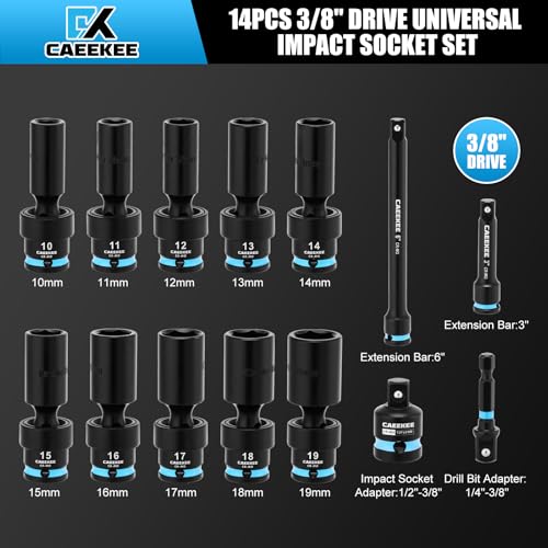 3/8" Drive Deep Universal Impact Socket Set, 14-Piece Swivel Socket Set, Cr-Mo, 6 Point, Metric(10-19mm), Flexible Wobble Socket Set, Includes Extension Bars and Adapters