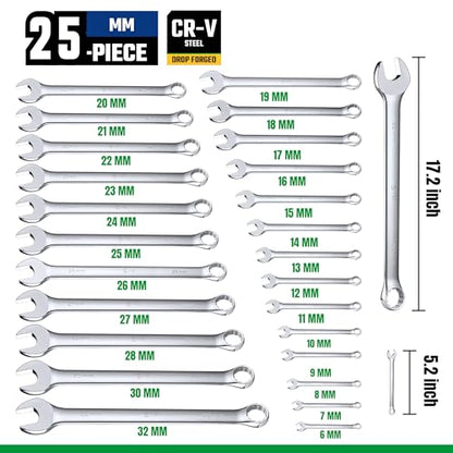 SK Combination Wrench Set, Metric 6 to 32mm, SAE 1/4" to 1-1/4", 42-Piece - size: Metric & SAE 6 to 32 mm