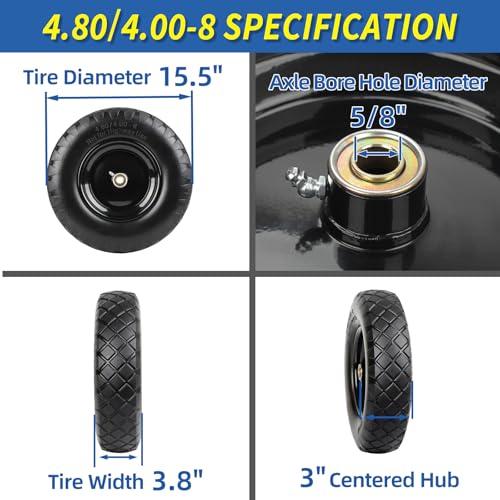 GICOOL 4.80/4.00-8" Wheelbarrow Tire, 16" Flat-Free Solid Tire and Wheel, 3-6" Centered Hub, 5/8" & 3/4" Bearing, For Garden Wagon Cart Trolley Dolly (1 Pack) - size: 4.00-8（1 Pack）