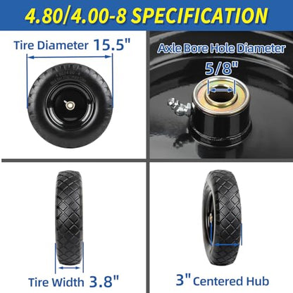 GICOOL 4.80/4.00-8" Wheelbarrow Tire, 16" Flat-Free Solid Tire and Wheel, 3-6" Centered Hub, 5/8" & 3/4" Bearing, For Garden Wagon Cart Trolley Dolly (1 Pack) - size: 4.00-8（1 Pack）