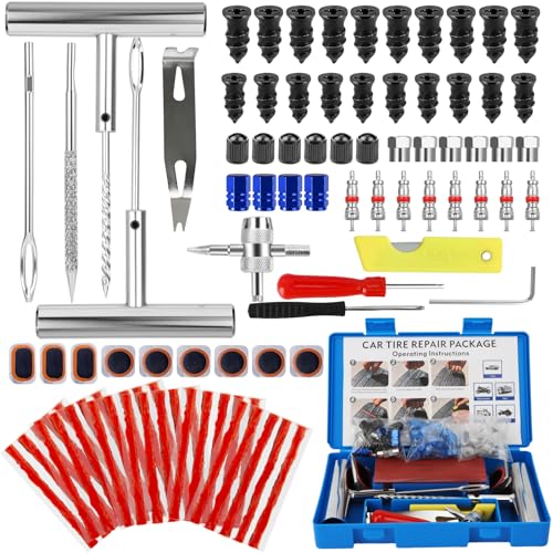 95 PCS Tire Repair Kit, Tubeless Tire Plug Kit with Metal T-Handle Tools, 30 Repair Strips, 20 Screw-in Plugs, Valve Core Accessories and Storage Case for Car SUV Motorcycle ATV - color: 95PCS Repair Kit