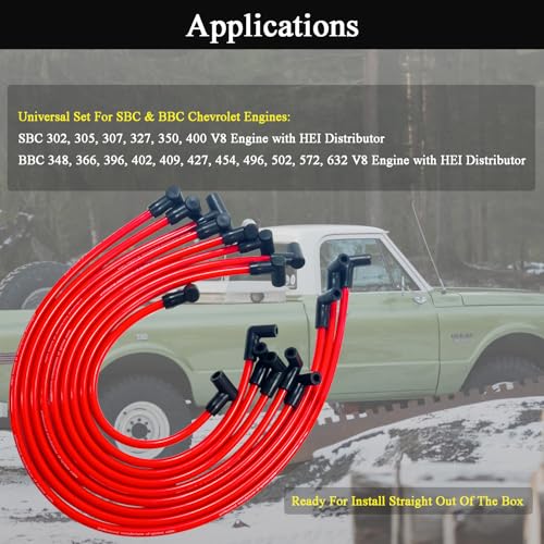 10mm High Performance Spark Plug Wire Set Compatible with Chevy SBC BBC 305 350 454 Electronic V8 Engine with HEI Distributor
