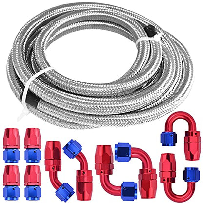 6AN Fuel Line Kit, 20FT 3/8 CPE Nylon Stainless Steel Braided Fuel Line Hose with 10PCS AN6 Hose End Fitting Adapter Kit