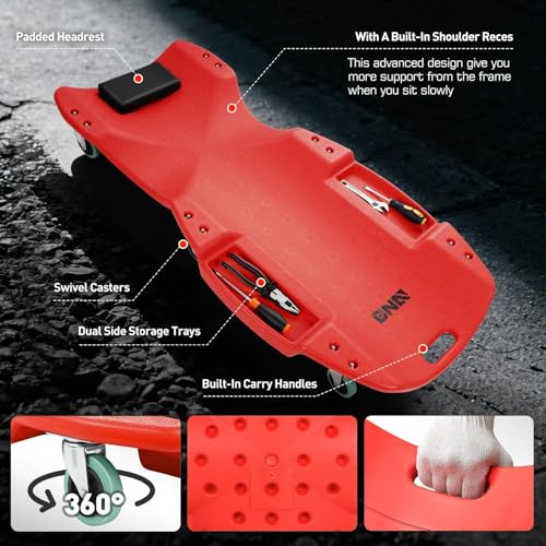 DNA MOTORING TOOLS-00238 48 Inches Heavy-Duty Low-Profile Roller Automotive Creeper with Padded Headrest, Red - color: Red, size: 48 Inches