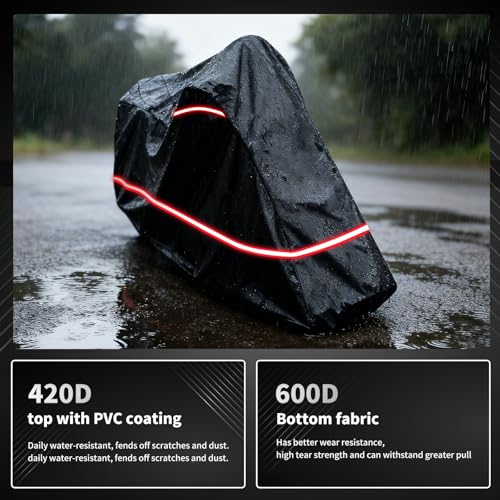 Full Enclosed Motorcycle Cover - Waterproof for Outdoor & Indoor Storage,600D Heavy Duty with Reflective Strips,Fits Scooters & Touring Motorcycles up to Length 96.5" x 45" x 53"Black - size: 96.5"Lx 45"Wx 53"H