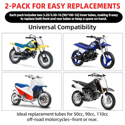 AR-PRO (2-Pack) 3.00-16 3.25/3.50-16 Inner Tubes for Dirt Bike and Off-Road Motorcycles – Heavy-Duty Butyl Rubber Tubes Compatible with 90/100-16 100/80-16 100/90-16 Tires with TR4 Straight Valve Stem - size: 3.25/3.50-16" (90/100-16), TR4 Valve