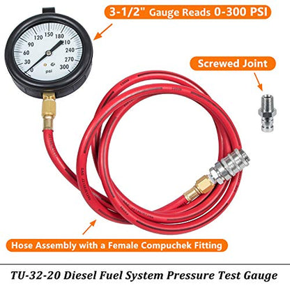 Bonbo TU-32-20 Compucheck Fuel System Pressure Test Gauge 0-300 PSI for Cummins & Other Diesel Engines with Compuchek Ports