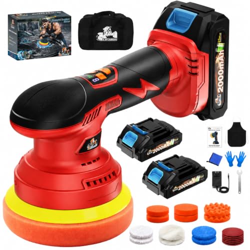 Cordless Dual Action Car Buffer Polisher, 8-Speed, 2*21V Batteries - color: Red