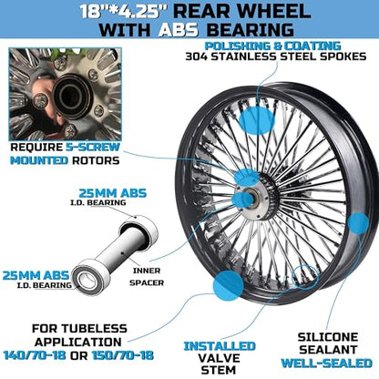 18"x4.25" Rear Wheel Fat Spokes for 08-up ABS Harley Dyna Softail Sportster - style: 18"x4.25", Black+Chrome+Black