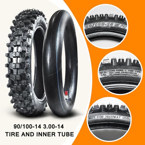 HOLATO Rear 90/100-14 3.00-14 Tire and Inner Tube for 110cc 125cc KLX125 KLX140 KX85 TTR125 YZ80 YZ85 CT90 RM80 DRZ125 TaoTao DB17 Apollo RFZX18 Coolster Dirt Pit Bike Off Road Motocross Heavy Duty - size: 90/100-14 Tire