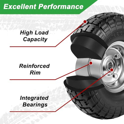 4.10/3.50-4 Tire Wheels Flat Free 10" Heavy Duty Solid Flat-Free Replacement Tire with 5/8 Axle Compatible with Gorilla Carts, Wheelbarrow, Dolly, Hand Truck (2-Pack)