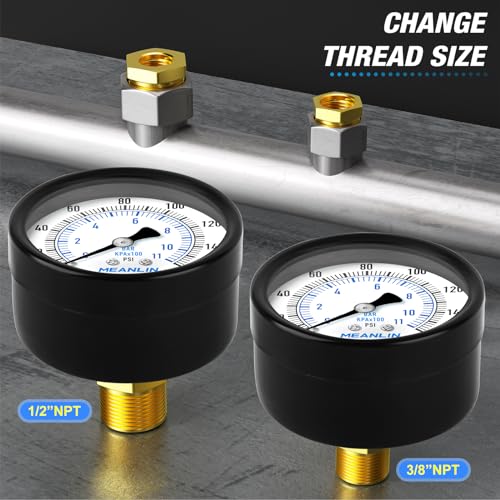 MEANLIN MEASURE 0-160Psi 2" DIAL FACE 1/4" NPT Well Pump Pressure Gauge, with 1/2" NPT and 3/8" NPT Hex Bushing, 3-2-3% Accuracy, Center Back Mount - color: 1/4"NPT Back Mount, size: 0-160Psi