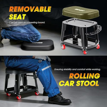 DNA Motoring TOOLS-00252 Removable Rolling Garage Stool with Seat Cushion & Tool Tray Plate,300lbs Max Weight Capacity - color: Black