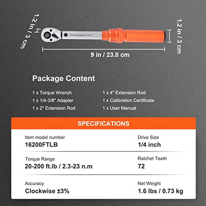 VEVOR 1/4-inch Drive Click Torque Wrench, 20-200in.lb/3-23n.m Mechanical Dual Range Scales, Dual-Direction Adjustable with Adapters Extension Rod - size: 1/4" 4 PCS