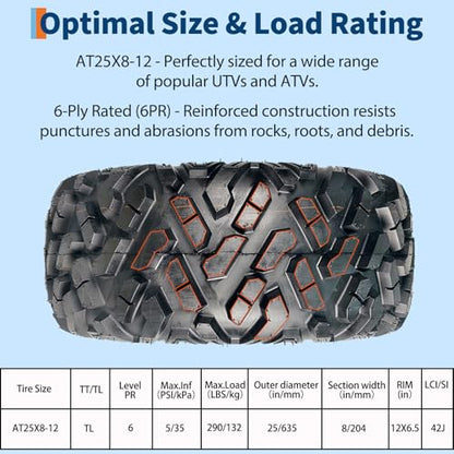 GarveeTech 25x8-12 ATV/UTV Tires 6PR All-Terrain Tires Heavy Duty for Trail/Mud/Rock, 2 Pack Tubeless - size: 25X8-12 2PCS, style: Pattern 1001