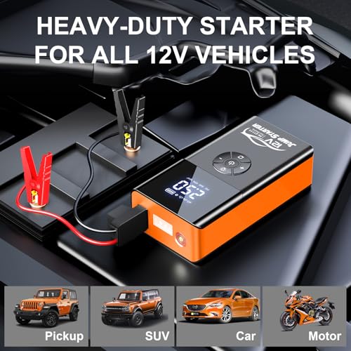 Jump Starter with Air Compressor, 8000A 180PSI, Portable Car Battery Jump Starter (All Gas/12L Diesel) 12V Automobile Jump Box Pack Chargers with Jumper Cables, 4-Mode LED Lights - color: Pumpkin Orange