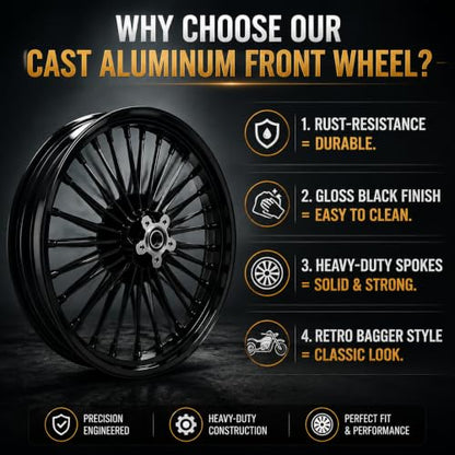 TOFR 21x3.5 36 Fat Spokes Front Wheel For Harley Softail Choppers 2000-2022 - color: Gloss Black, size: Front:21x3.5