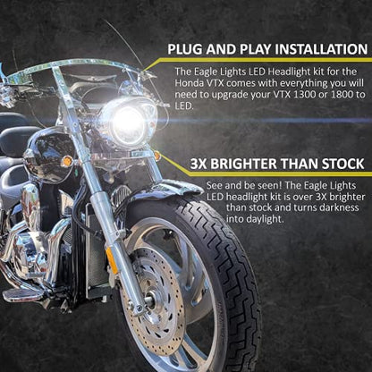 Eagle Lights 5.75 Inch LED Headlight Kit for Honda VTX With Bracket and Hardware - Plug and Play Fits 2002-2008 VTX 1800, 1300 Gen II Chrome - color: Chrome Generation II