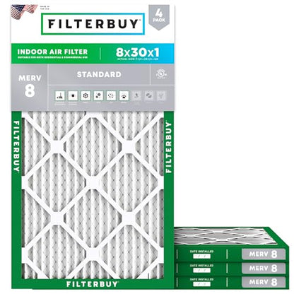 Filterbuy 8x30x1 Air Filter MERV 8 Dust & Allergy Defense (4-Pack) - style: 8x30x1