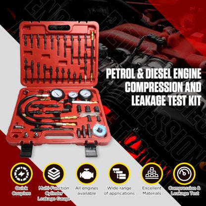 Petrol & Diesel Engine Compression and Leakage Test Kit – 47PCS Comprehensive Pressure Gauge Tool Set for Diagnosing Engine Issues Fits for Most Cars, Trucks and Motorcycles - color: Red
