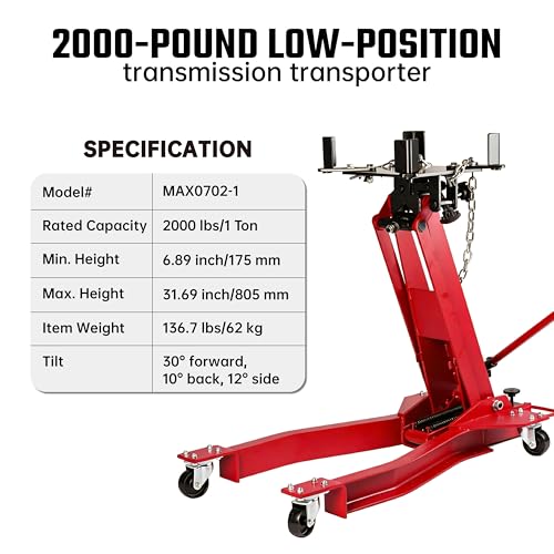 2000 lb Adjustable Hydraulic Transmission Jack – Low Profile Telescoping Floor Lift with 360° Swivel Casters, Heavy-Duty Steel Construction