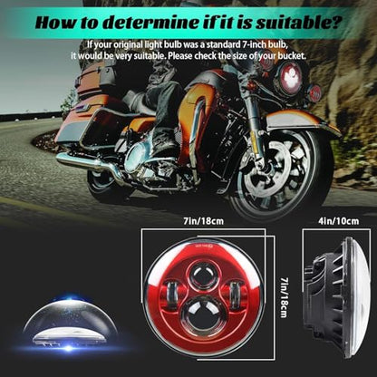 SKTYANTS 7 Inch Motorcycle Headlight LED Red Headlight Motorcycle Projector Compatible with Tourng Street Electra Glide Road king Classic - color: 7 inch