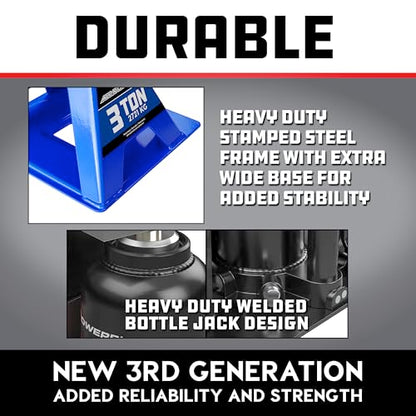 POWERBUILT 3 Ton All-in-One Hydraulic Bottle Jack and Jackstand in One, Compact, Wide Base, 11-21 Inch Range, Eliminates Jackstands, for Trucks, SUVs, RVs, Trailers, ASME, Not for Sedans - 640912 - color: blue